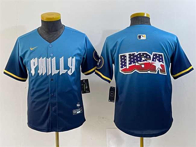 Youth Philadelphia Phillies Team Big Logo Blue 2024 City Connect Limited Stitched Baseball Jersey Youth Philadelphia Phillies Team Big Logo Blue 2024 City Connect Limited Stitched Baseball Jersey